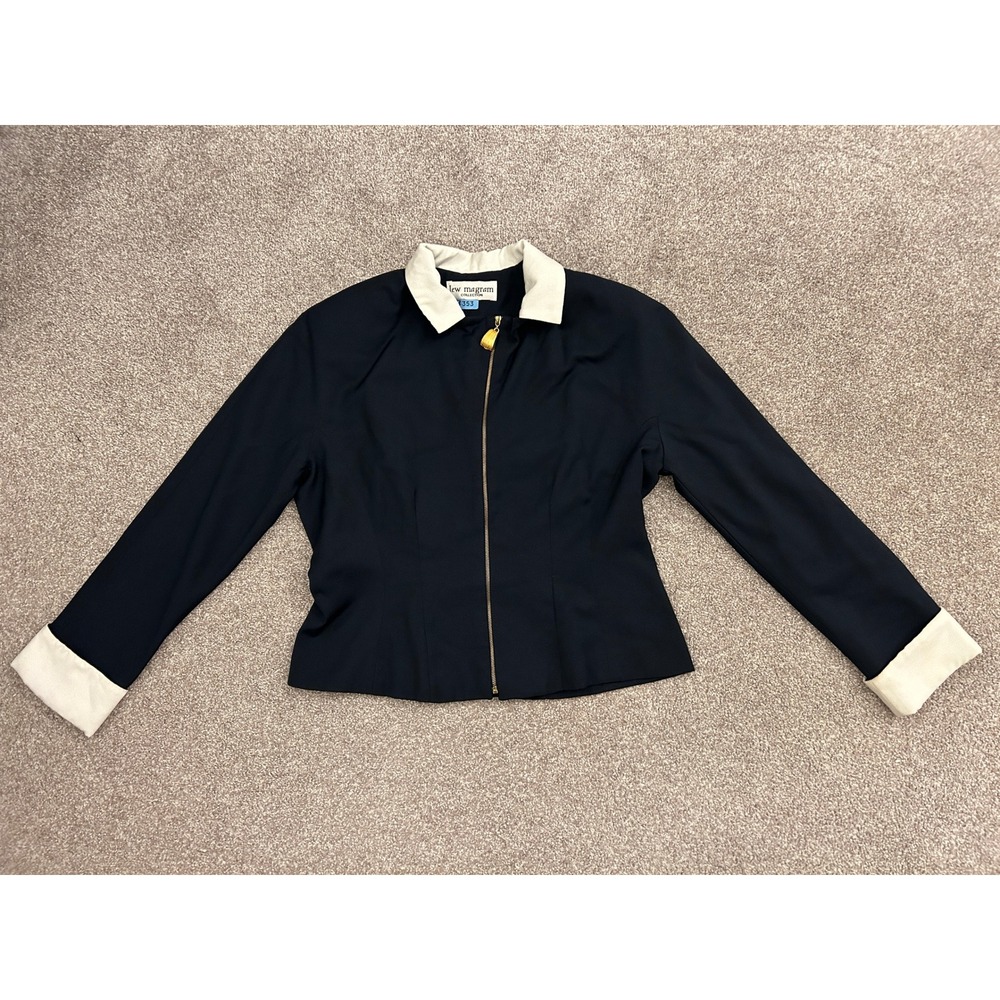 90s Lew Magram Collection Jacket Womens 16 Navy Blue Excelent Contrast ZipUp USA